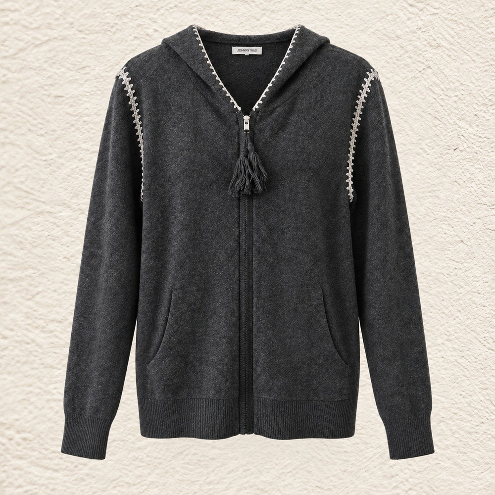 Johnny Was Cashmere Hoodie Gray Whipstitch Tassel Zip Sweater M55020 Womens sz L
